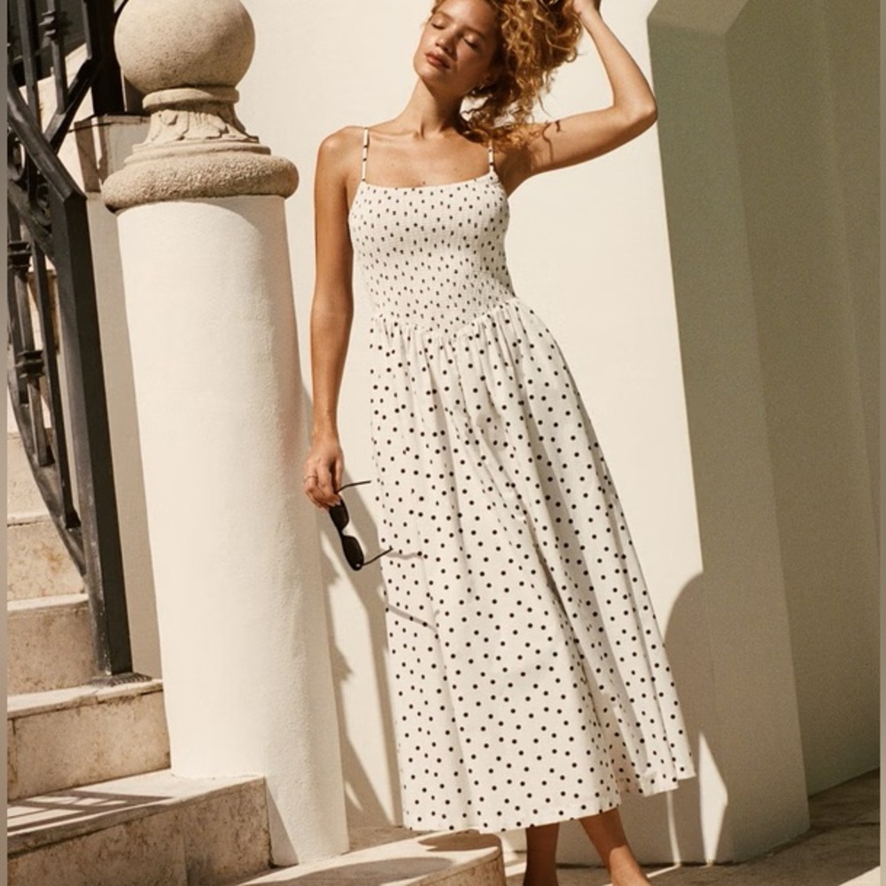 Abercrombie & Fitch Polka Dot Dipped-Waist Smocked Midi Dress Size LT
